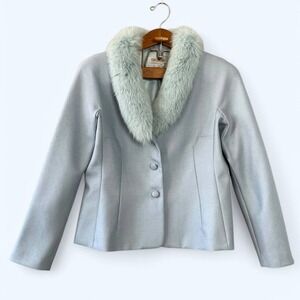 Kay Unger Fox Fur Trim Blazer Jacket Women 10 Elegant Old Money Ice‎ Blue Glam